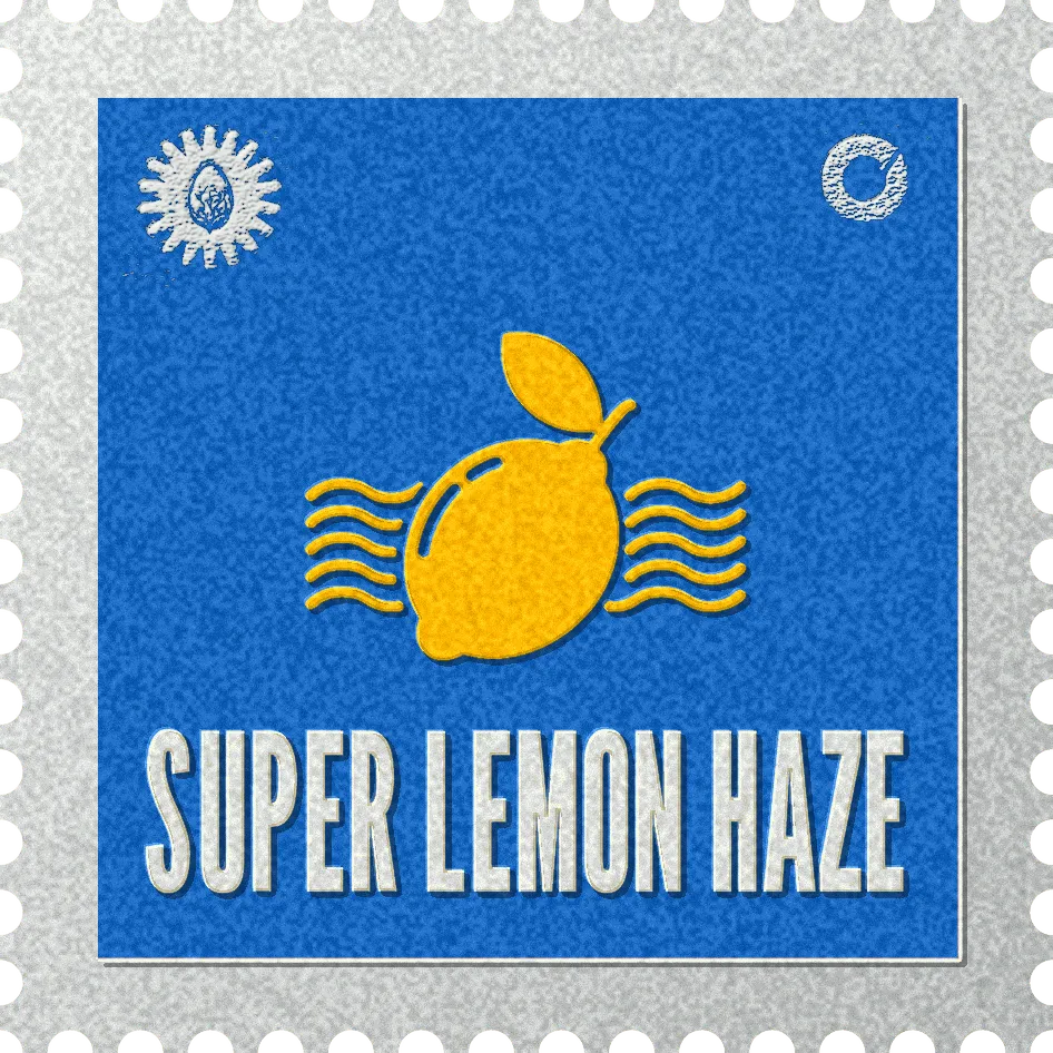 Super Lemon Haze stamp, No. 74 in the Official Cannabis collection: a lemon in wavy haze on blue